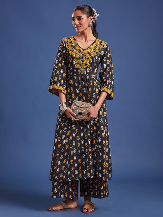 Chikankari Co-Ord Set with Katha and Block Print