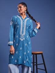 Chikankari Embroidery Blue Rayon Kurta