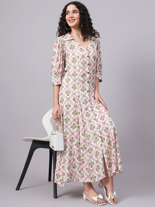 Viscose Rayon Cream Printed midi Dress S3004-A