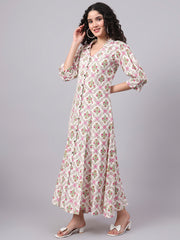 Viscose Rayon Cream Printed midi Dress S3004-A