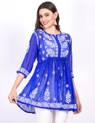 Blue Georgette Chikankari Peplum Dress - Sufiza Lifestyle