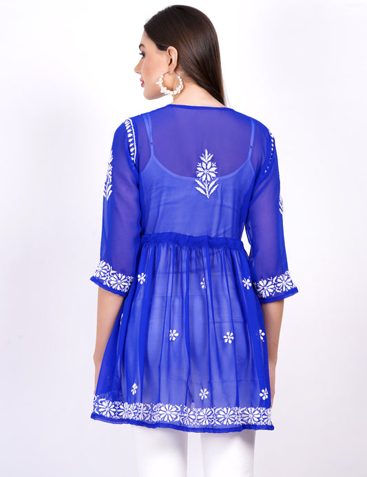 Blue Georgette Chikankari Peplum Dress - Sufiza Lifestyle