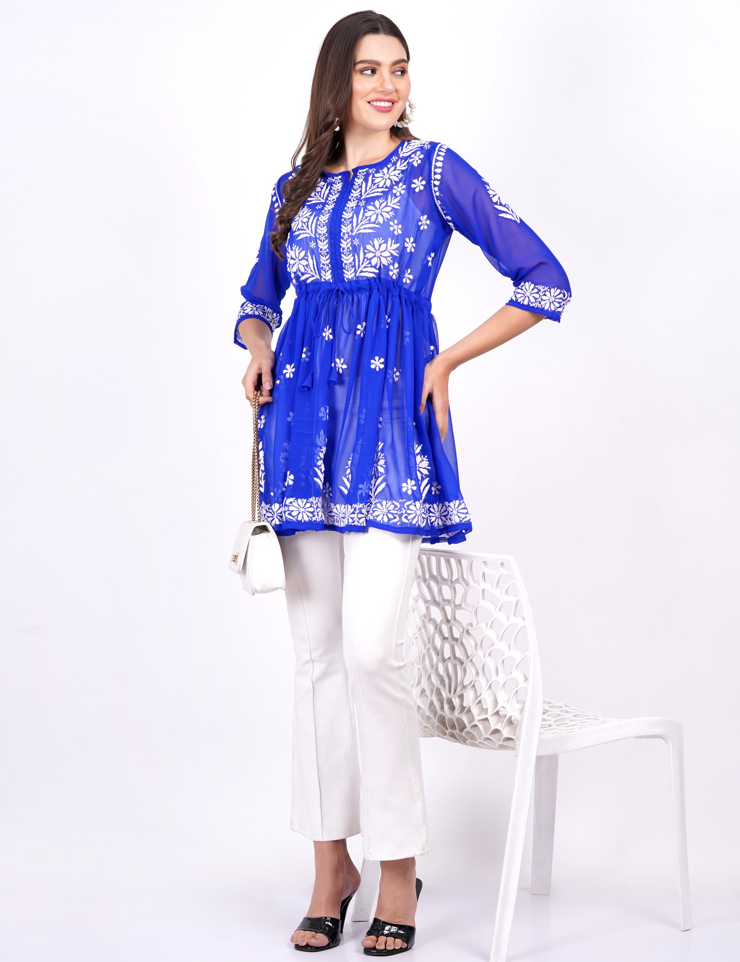 Blue Georgette Chikankari Peplum Dress - Sufiza Lifestyle