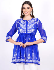 Blue Georgette Chikankari Peplum Dress - Sufiza Lifestyle