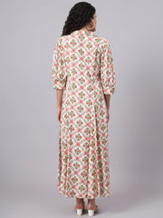 Cream Color Dress with Red Flower Motif Midi Dress S3004-A