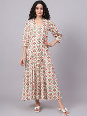 Cream Color Dress with Red Flower Motif Midi Dress S3004-A
