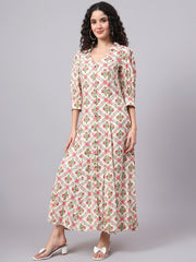 Cream Color Dress with Red Flower Motif Midi Dress S3004-A