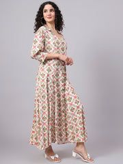 Cream Color Dress with Red Flower Motif Midi Dress S3004-A