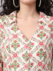 Cream Color Dress with Red Flower Motif Midi Dress S3004-A