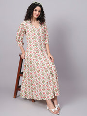 Cream Color Dress with Red Flower Motif Midi Dress S3004-A