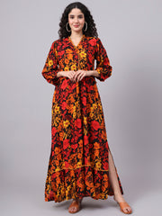Viscose Rayon Black Color Printed Full Length Dress S3000