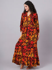 Viscose Rayon Black Color Printed Full Length Dress S3000