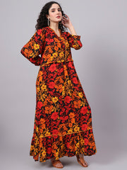 Viscose Rayon Black Color Printed Full Length Dress S3000