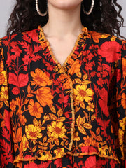 Viscose Rayon Black Color Printed Full Length Dress S3000