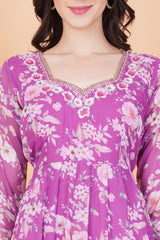 Purple Flower Printed Georgette Zardosi Hand Work - Sufiza Lifestyle