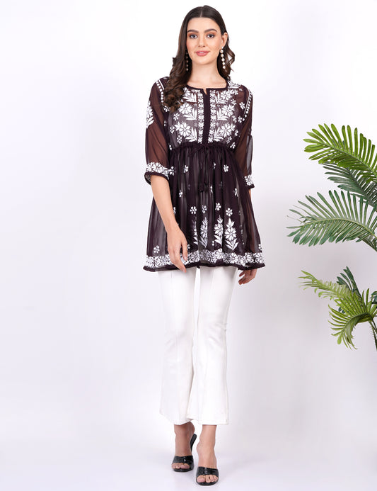 Georgette Brown Peplum Chikankari Dress - Sufiza Lifestyle