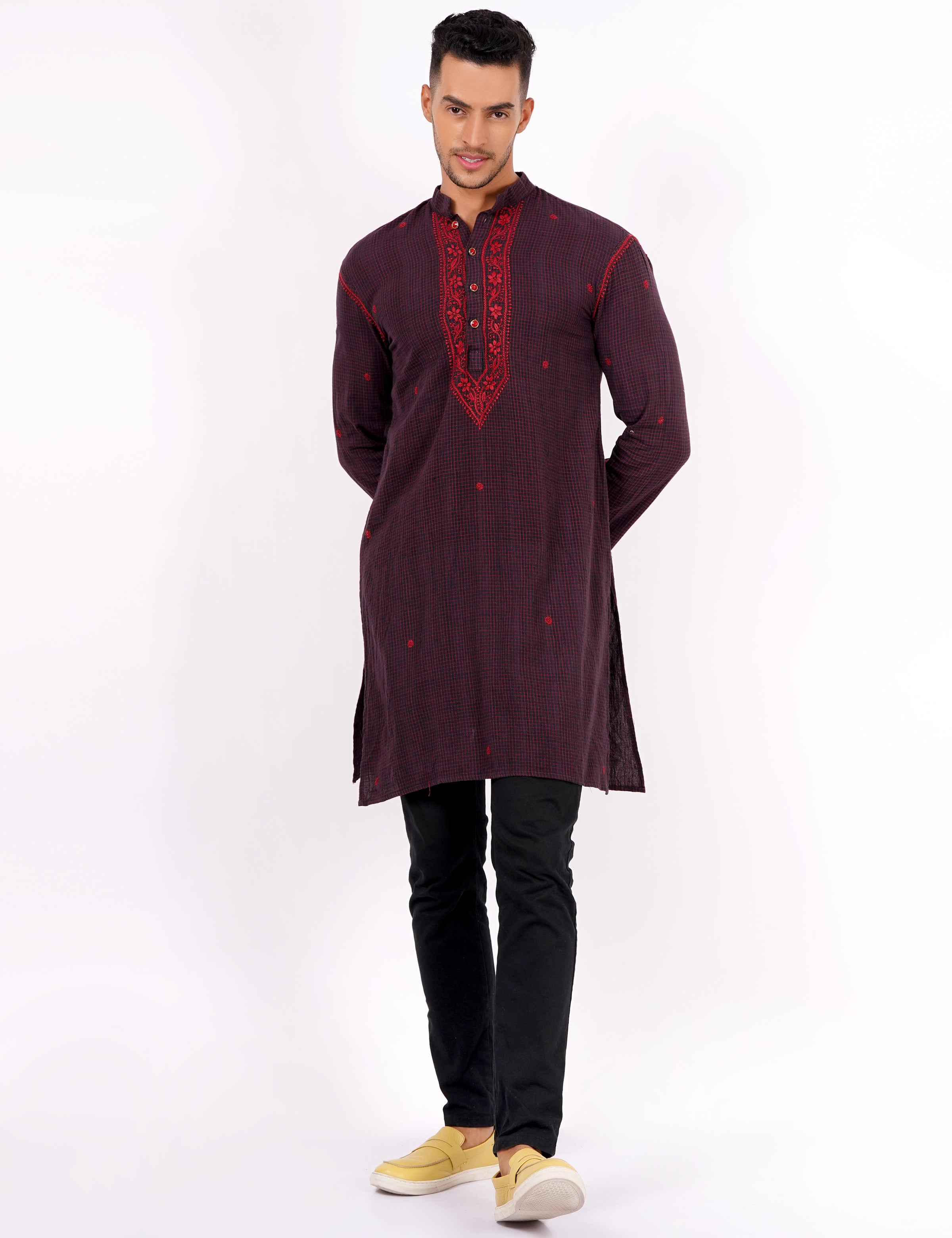 Brown Red Checks Chikankari Khadi Mens Kurta - Sufiza Lifestyle