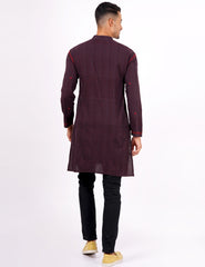 Brown Red Checks Chikankari Khadi Mens Kurta - Sufiza Lifestyle