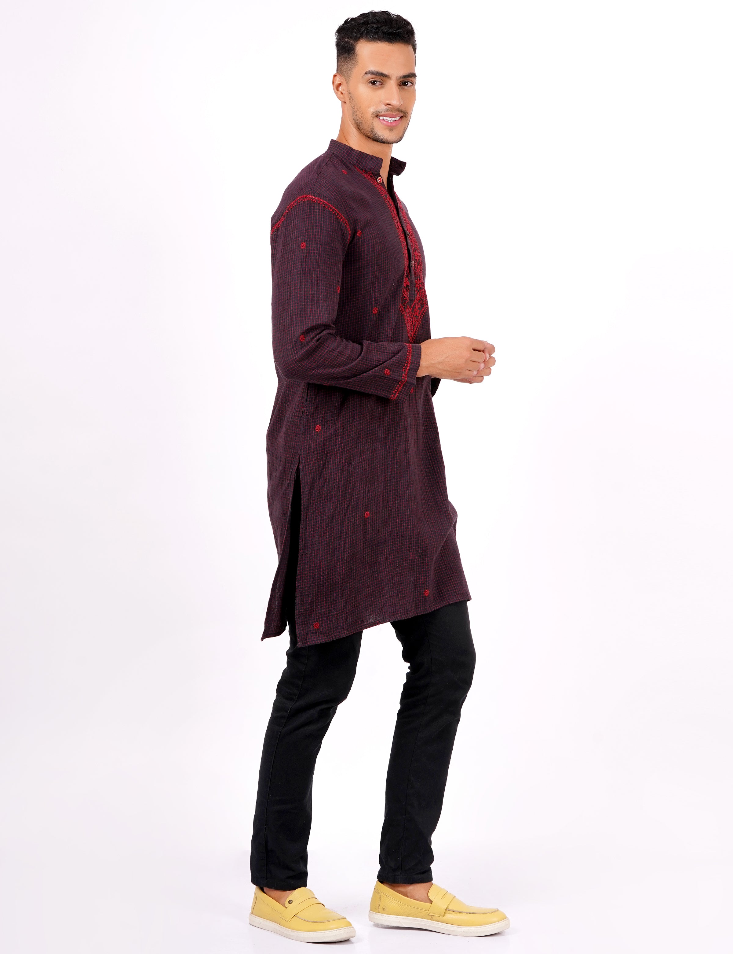 Brown Red Checks Chikankari Khadi Mens Kurta - Sufiza Lifestyle