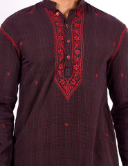 Brown Red Checks Chikankari Khadi Mens Kurta - Sufiza Lifestyle