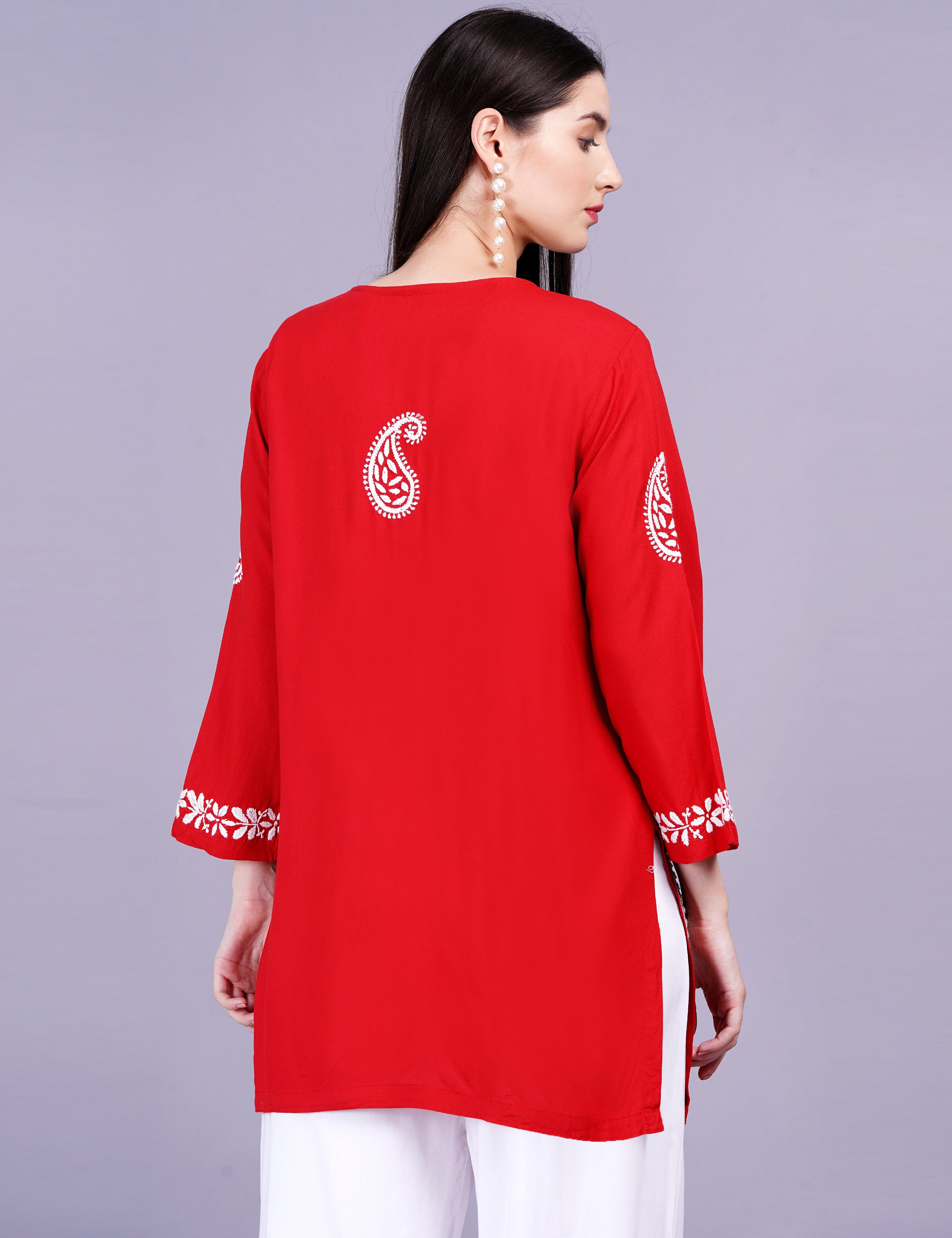 Red Viscose Rayon Chikankari Kurti - Sufiza Lifestyle