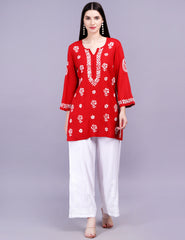 Red Viscose Rayon Chikankari Kurti - Sufiza Lifestyle