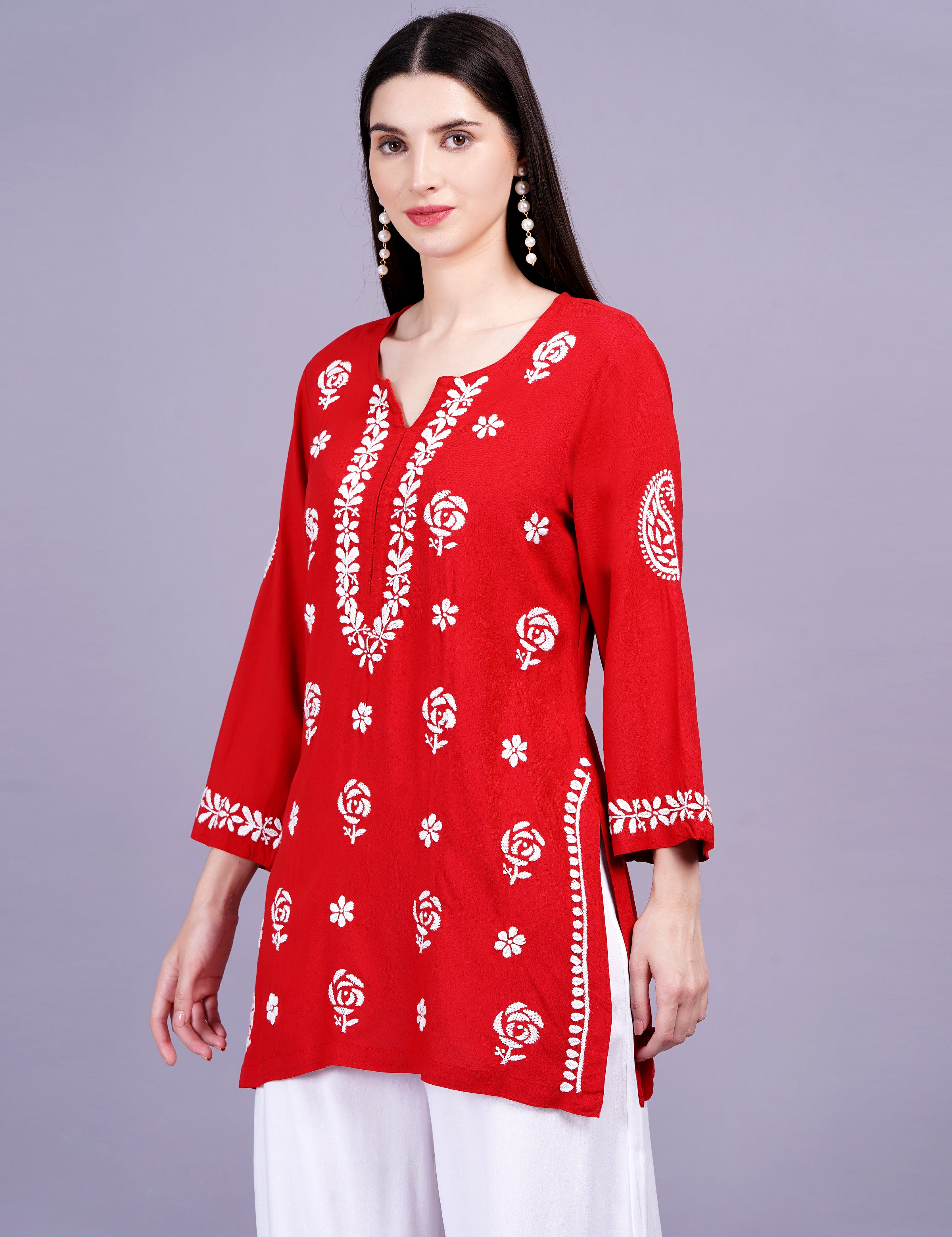 Red Viscose Rayon Chikankari Kurti - Sufiza Lifestyle