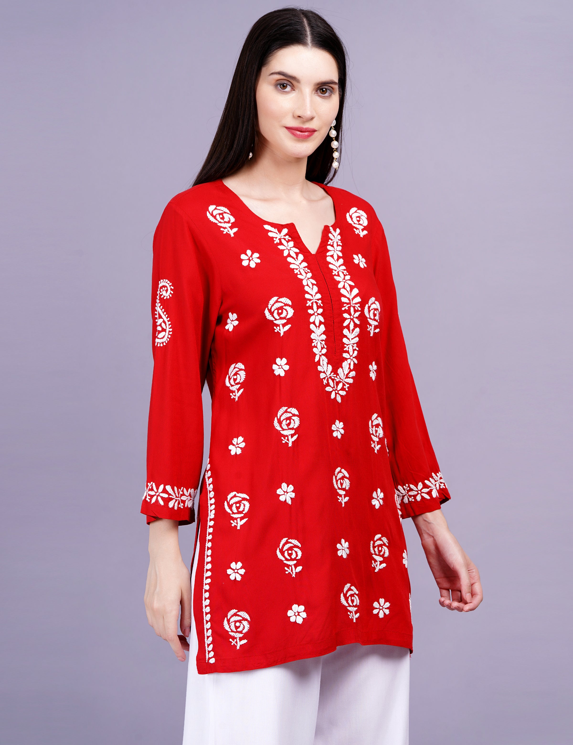 Red Viscose Rayon Chikankari Kurti - Sufiza Lifestyle