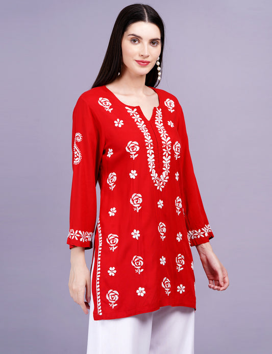Red Viscose Rayon Chikankari Kurti - Sufiza Lifestyle