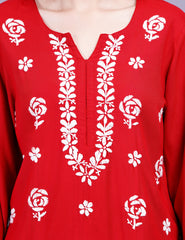 Red Viscose Rayon Chikankari Kurti - Sufiza Lifestyle