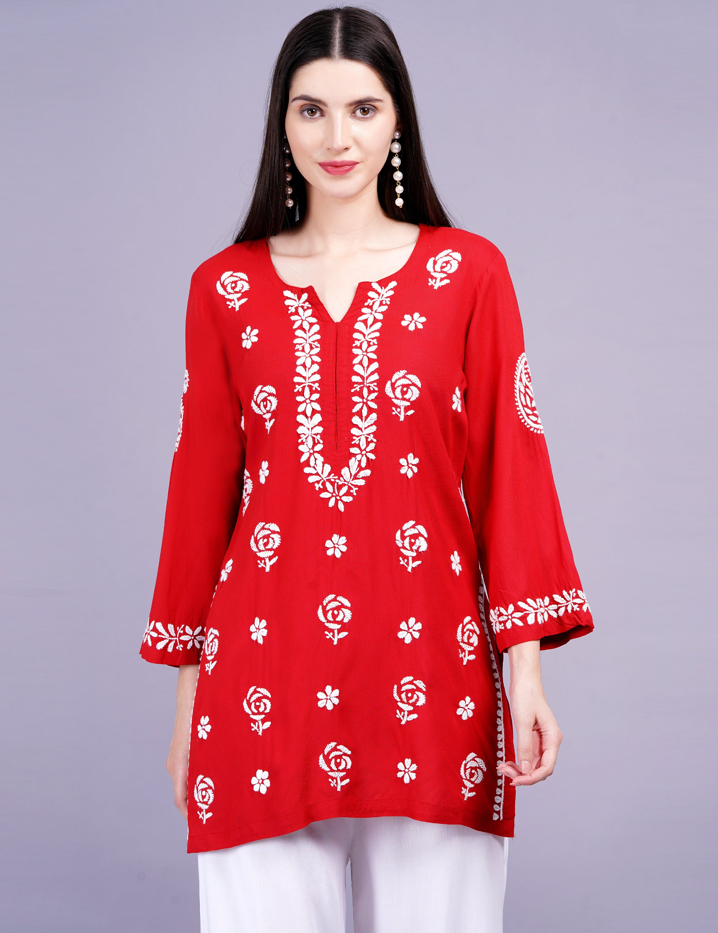 Red Viscose Rayon Chikankari Kurti - Sufiza Lifestyle