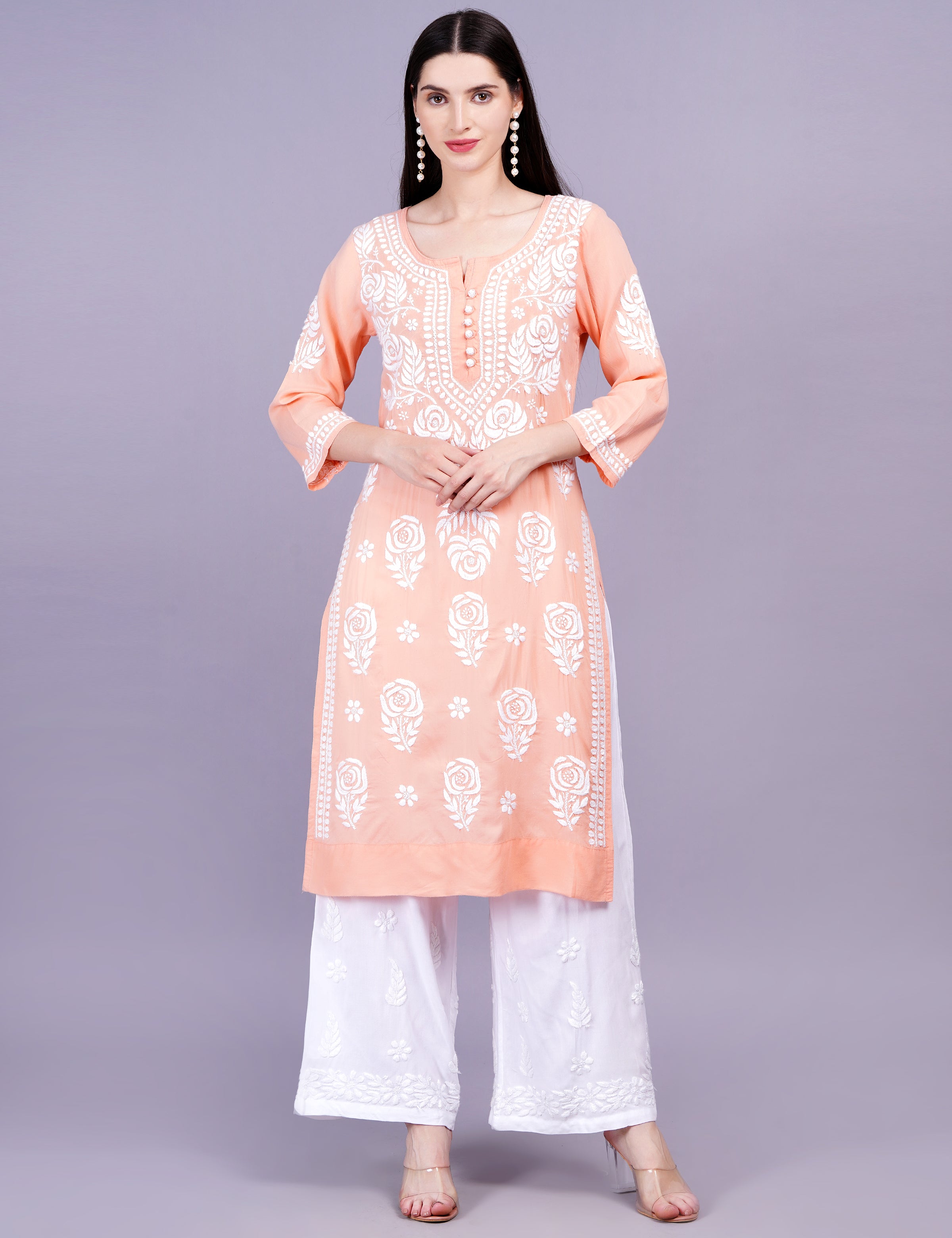 Light Orange Modal Chikankari Kurti - Sufiza Lifestyle