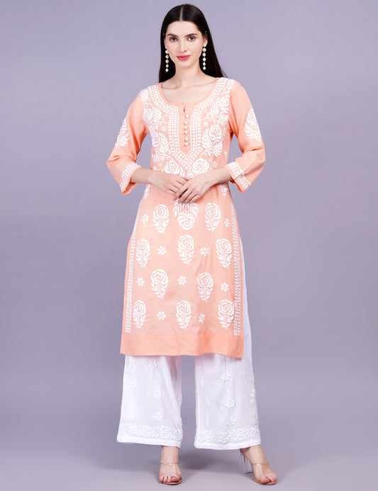 Light Orange Modal Chikankari Kurti - Sufiza Lifestyle