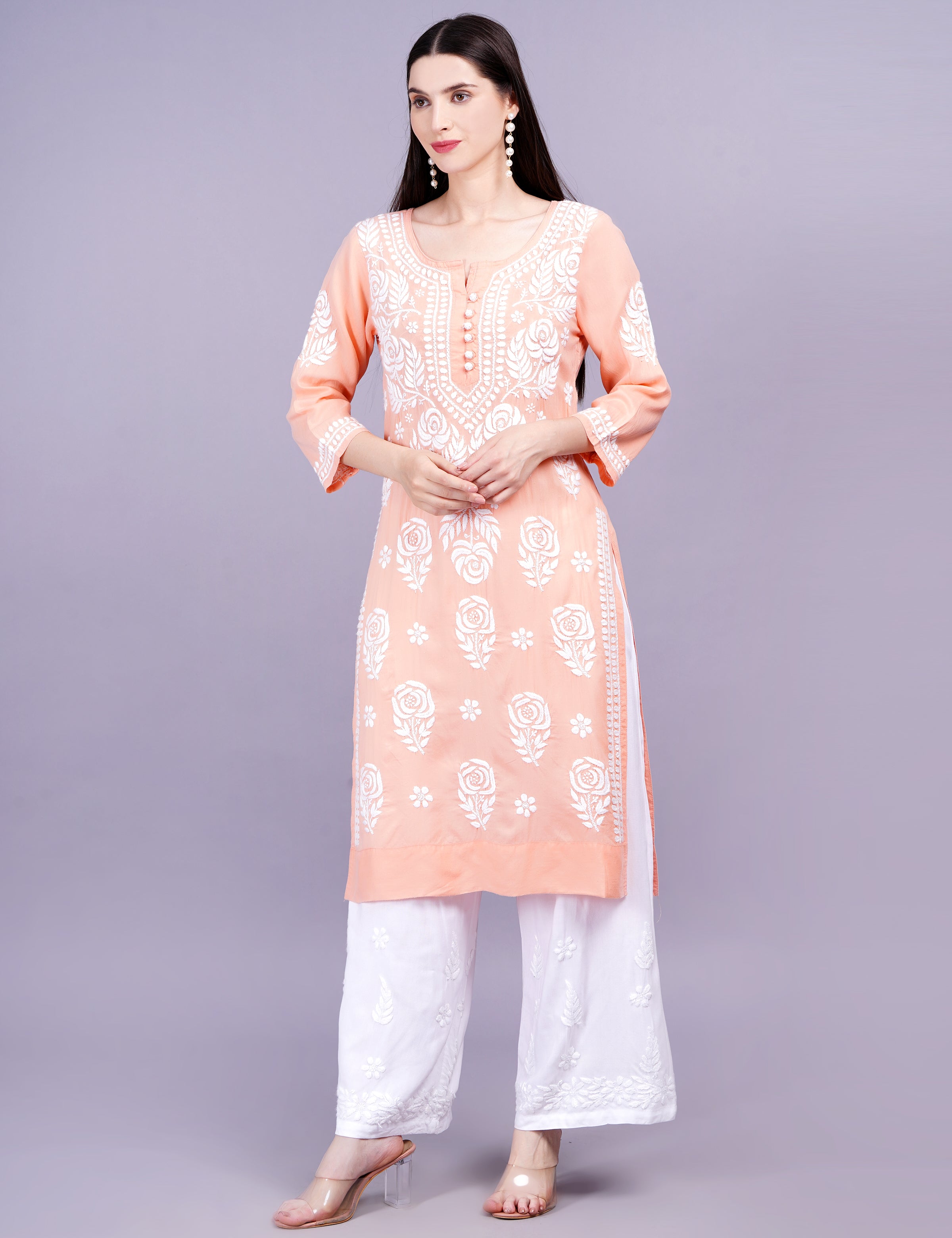 Light Orange Modal Chikankari Kurti - Sufiza Lifestyle