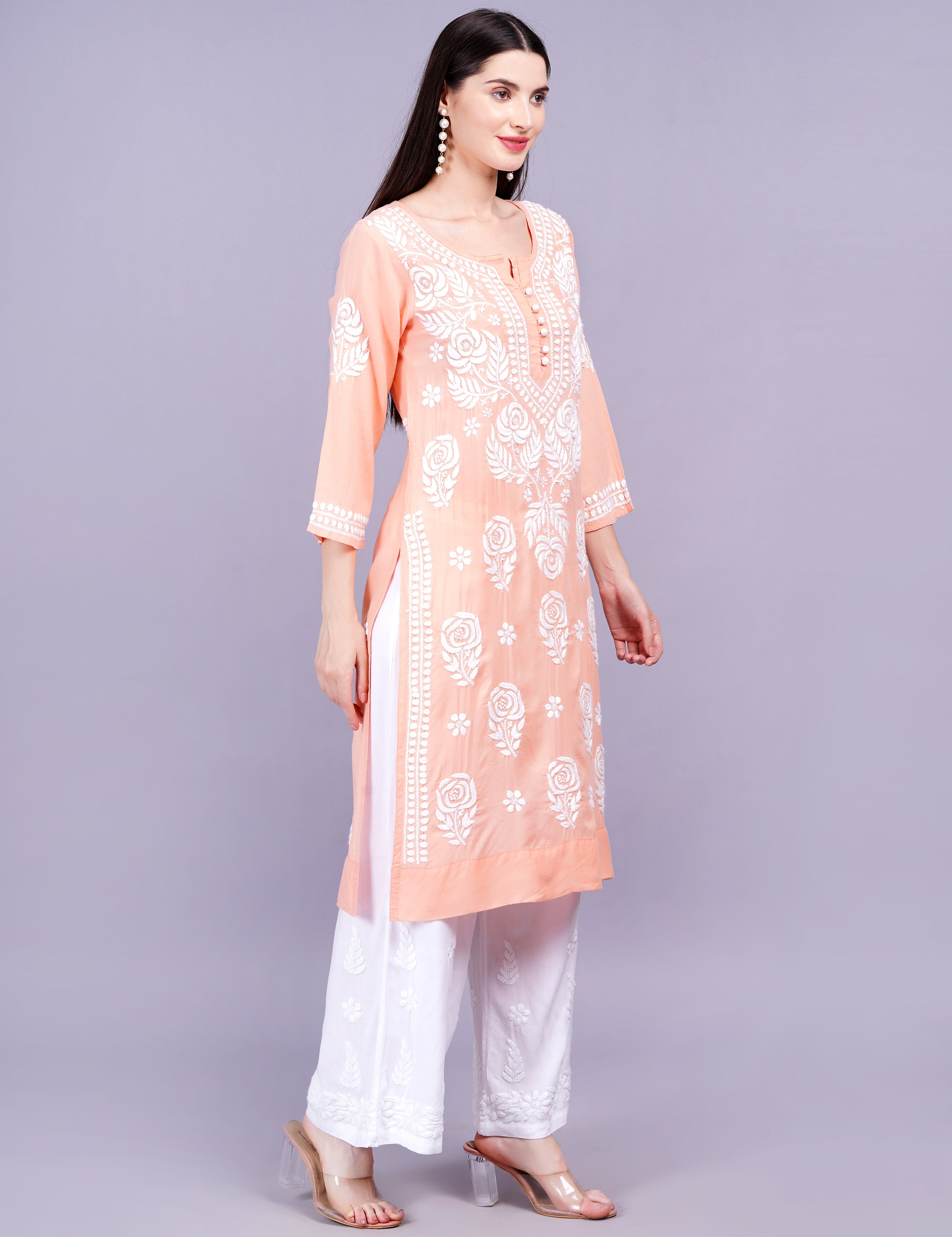 Light Orange Modal Chikankari Kurti - Sufiza Lifestyle