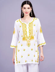 Dobby Cotton White Color Thread Chikankari Kurti - Sufiza Lifestyle