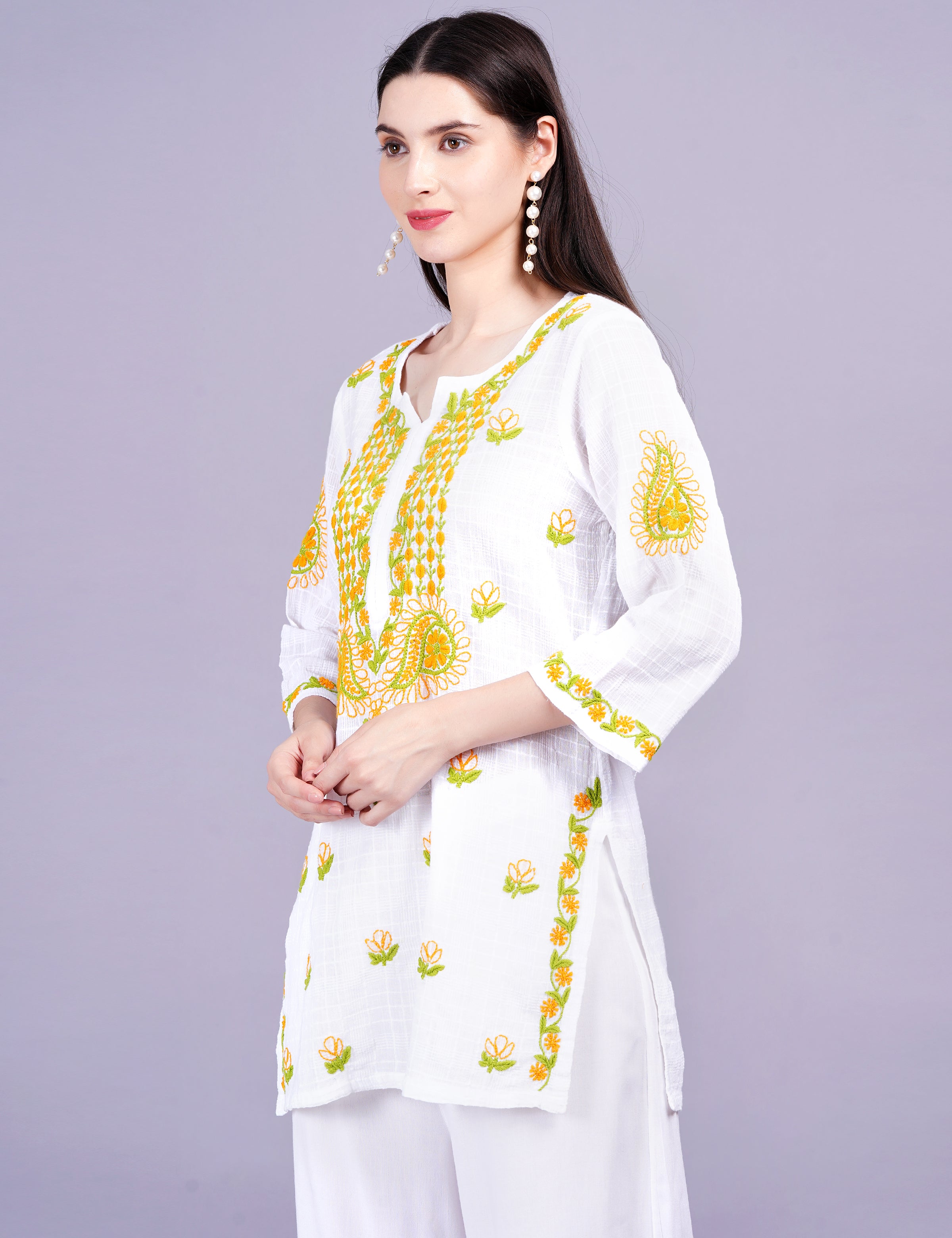 Dobby Cotton White Color Thread Chikankari Kurti - Sufiza Lifestyle