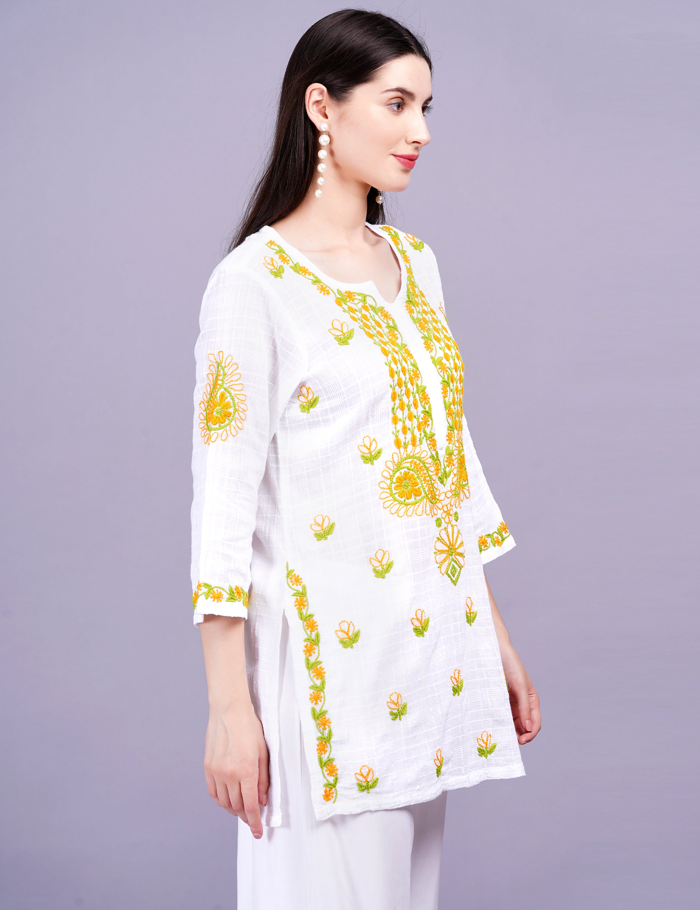 Dobby Cotton White Color Thread Chikankari Kurti - Sufiza Lifestyle