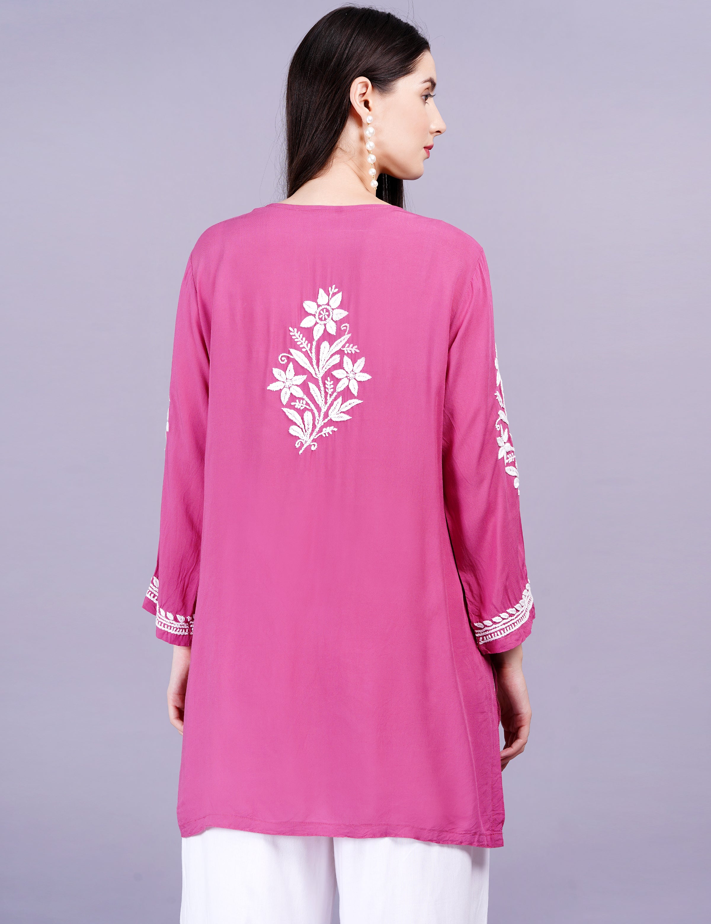 Modal Cotton Wine Chikankari Ghas Pati Kurti - Sufiza Lifestyle