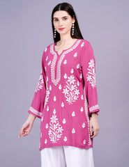 Modal Cotton Wine Chikankari Ghas Pati Kurti - Sufiza Lifestyle
