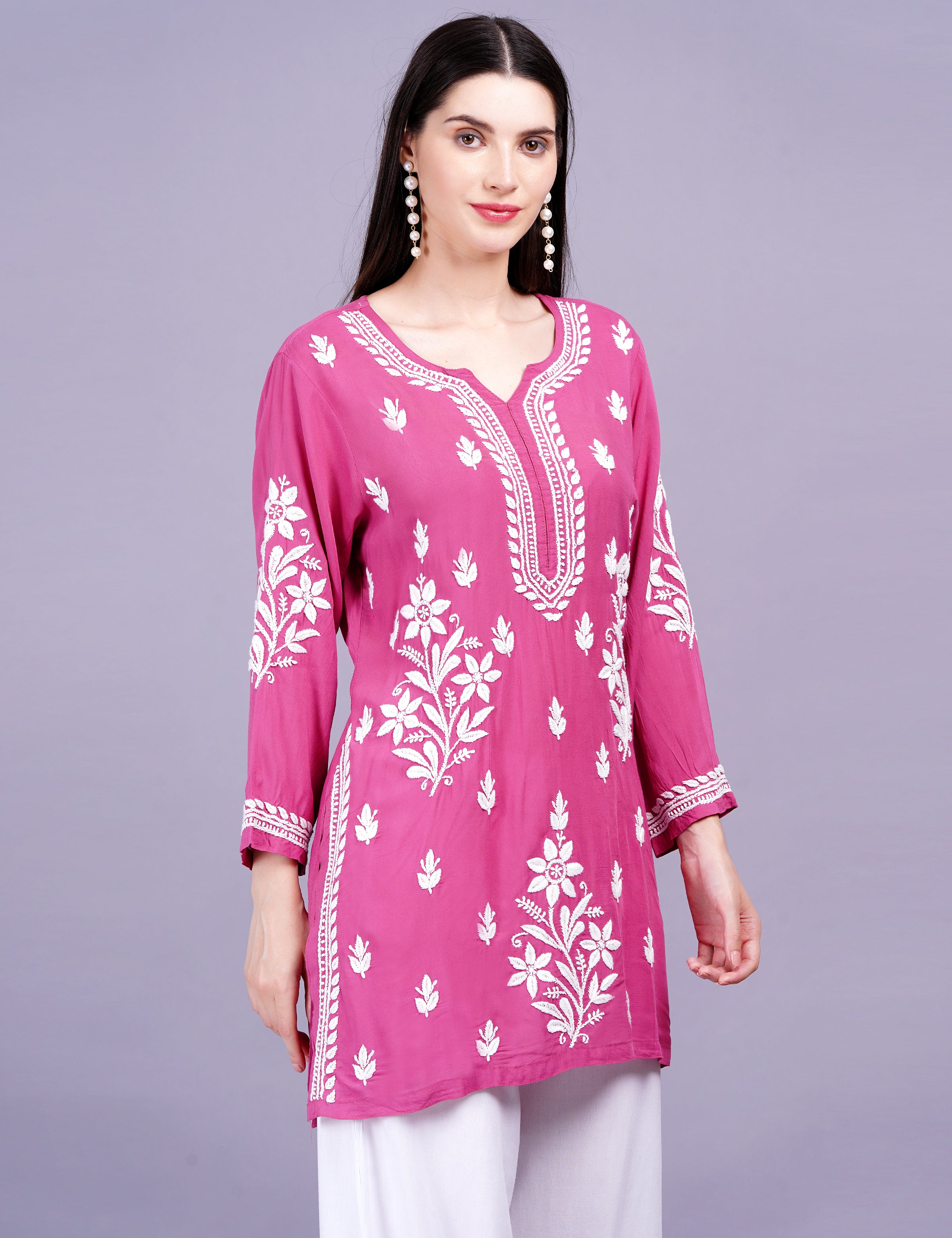 Modal Cotton Wine Chikankari Ghas Pati Kurti - Sufiza Lifestyle