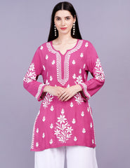 Modal Cotton Wine Chikankari Ghas Pati Kurti - Sufiza Lifestyle