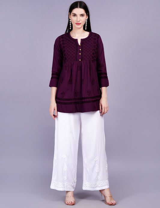 Dark Wine Cotton Chikankari Kurti - Sufiza Lifestyle