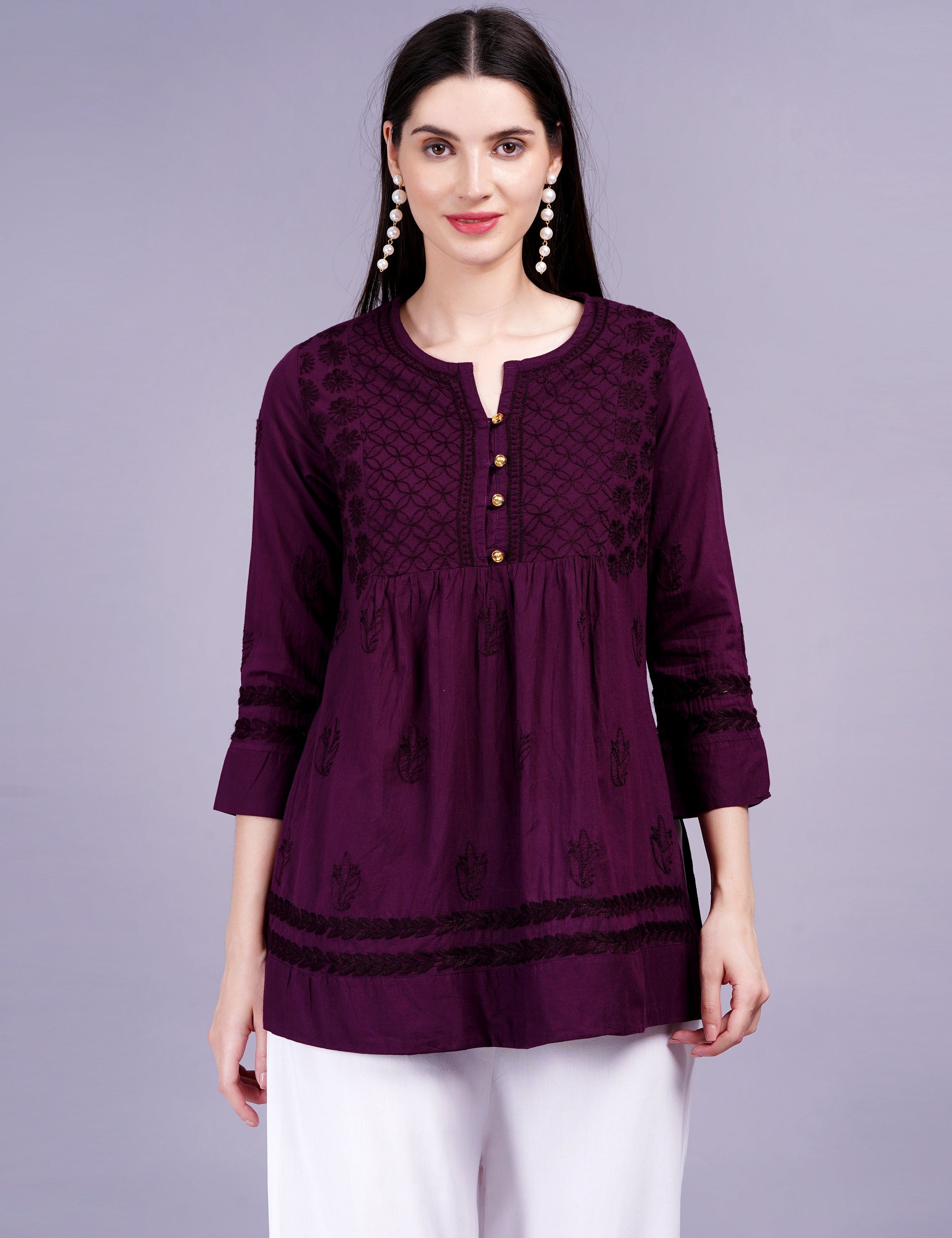 Dark Wine Cotton Chikankari Kurti - Sufiza Lifestyle