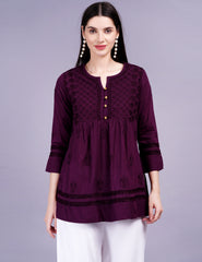 Dark Wine Cotton Chikankari Kurti - Sufiza Lifestyle