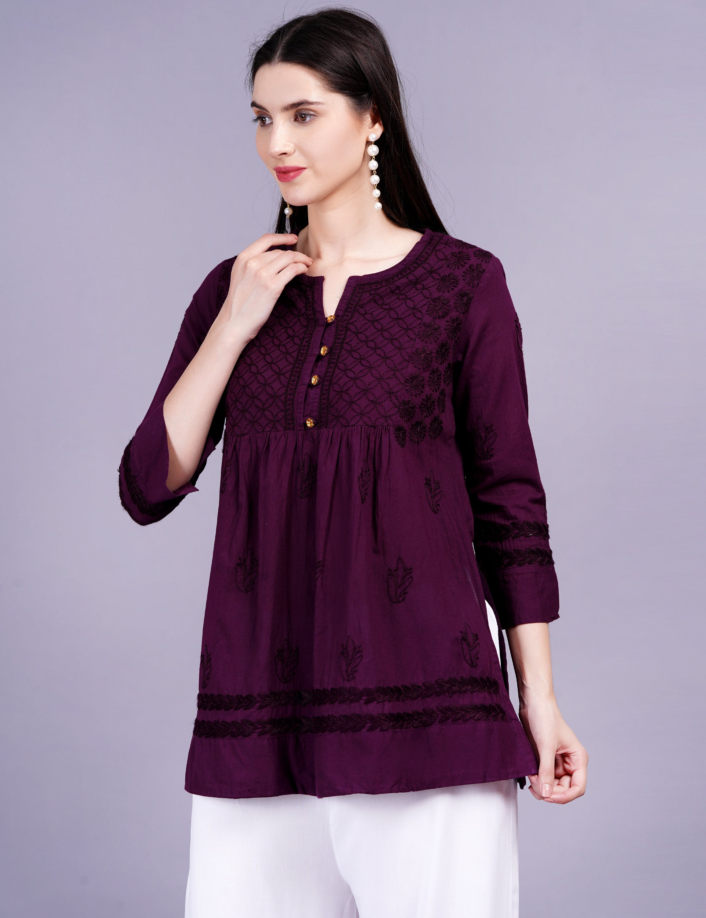 Dark Wine Cotton Chikankari Kurti - Sufiza Lifestyle