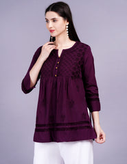 Dark Wine Cotton Chikankari Kurti - Sufiza Lifestyle