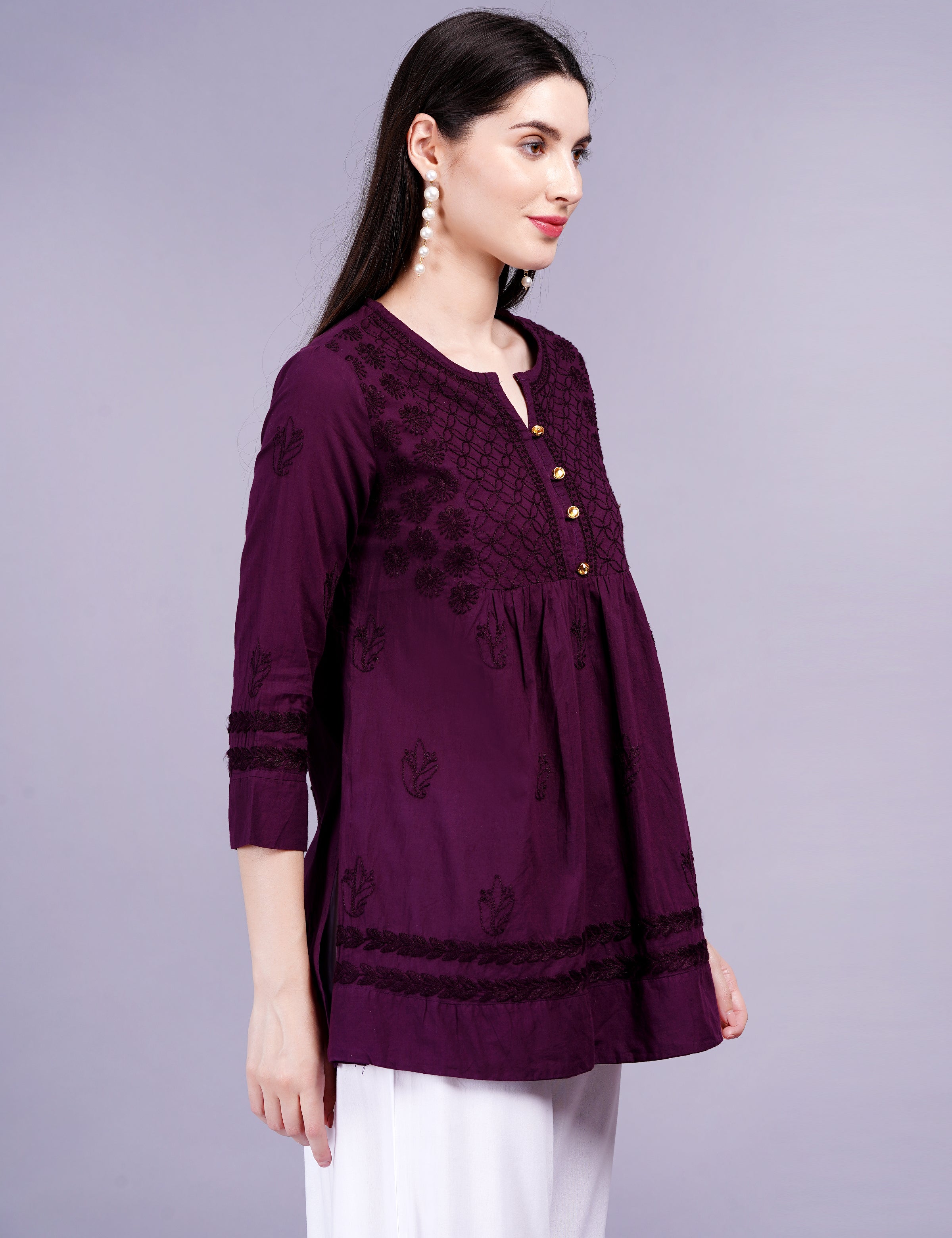 Dark Wine Cotton Chikankari Kurti - Sufiza Lifestyle