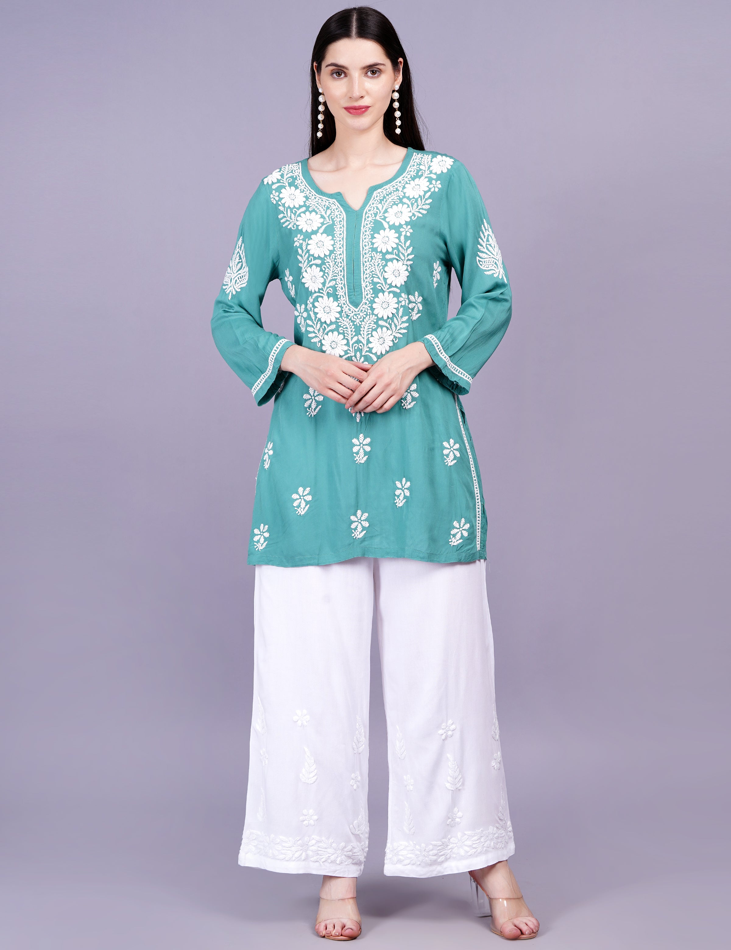 Modal Cotton Green Chikankari Kurti - Sufiza Lifestyle