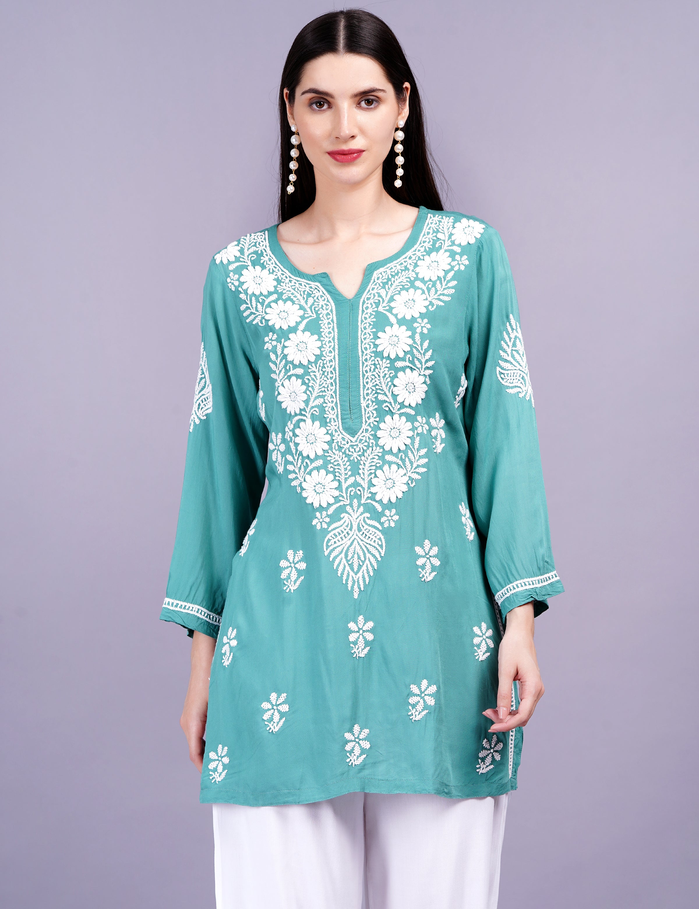 Modal Cotton Green Chikankari Kurti - Sufiza Lifestyle